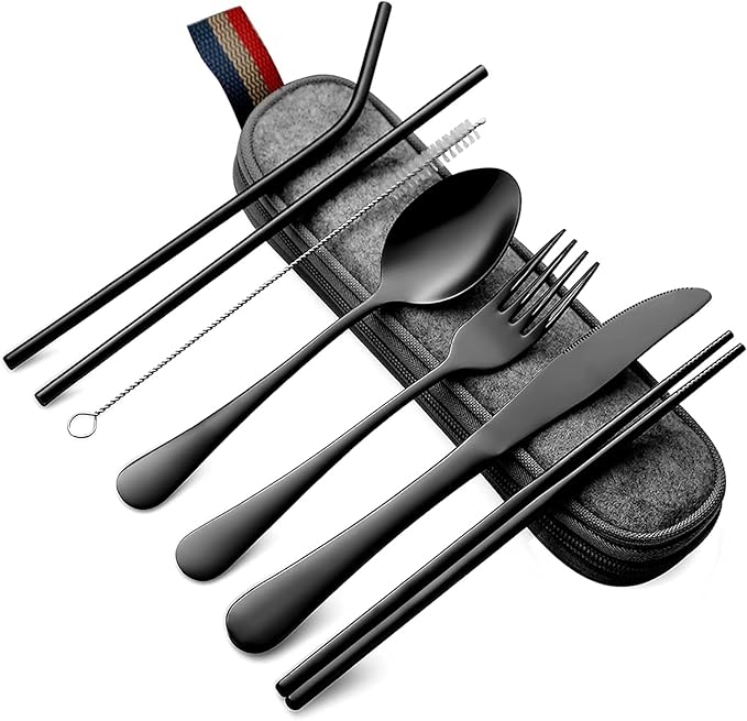 Camping Utensil Set for Men, 7-Piece Portable Silverware with Compact Case, Black Stainless Steel Travel Cutlery, Lunch Bo...
