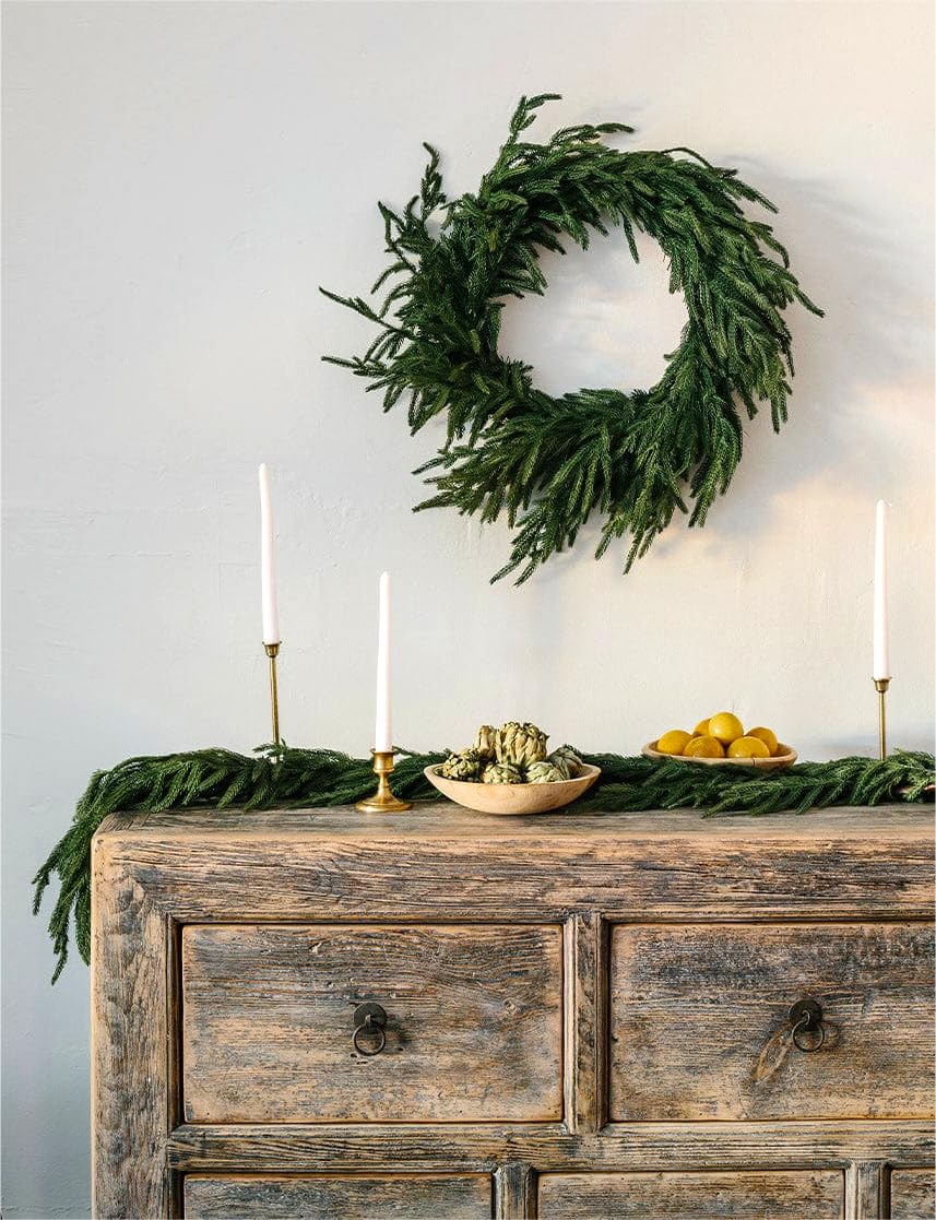 ENVEN Real Touch Norfolk Pine 22IN Green Wreath and Garland Artificial Faux Greenery Norfolk Pine for Holiday Indoor Mantle Decor (6FT)