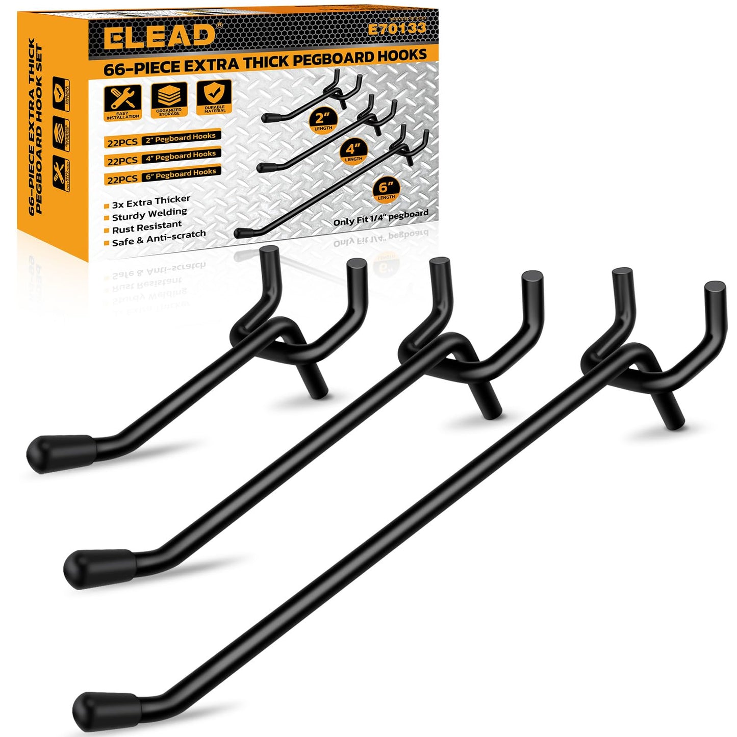ELEAD 66-Piece 2/4/6 Inch Extra Thick Pegboard Hooks, 1/4" Heavy Duty Peg Board Organizer Accessories, Peg Board Tool Hangers Fit for 1/4" Pegboard Hanging Tools Garage, Workshop, and Craft Storage