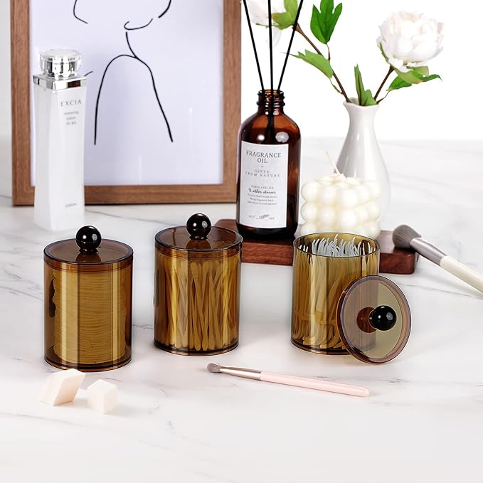 SheeChung 4 Pack Plastic Acrylic Bathroom Vanity Countertop Canister Jars with Storage Lid, Apothecary Jars Qtip Holder Makeup Organizer for Cotton Balls,Swabs,Pads,Bath Salts (Amber)