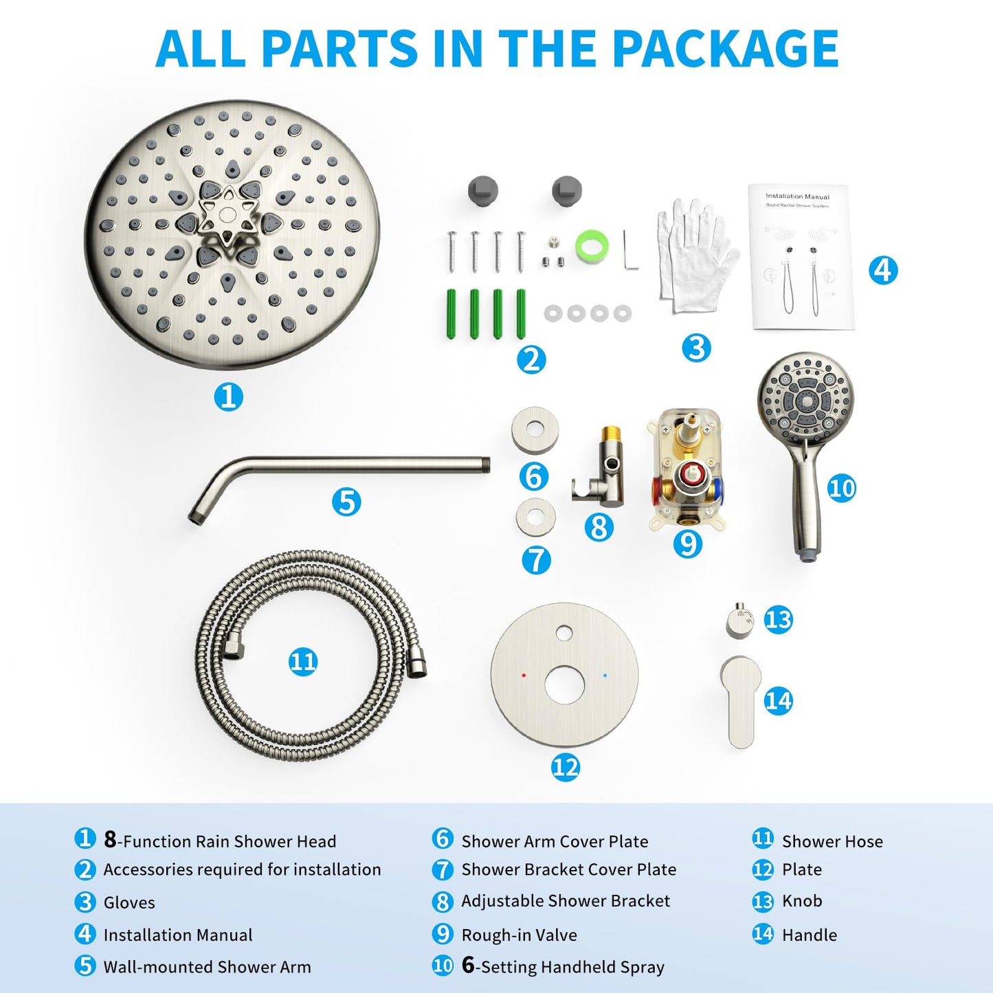 EMBATHER Shower Faucet Sets - Overhead Rain Head Shower System with High Pressure Handheld Complete Combo and Mixer Valve Trim Kit - Brushed Nickel Rainfall Shower Fixture for Luxury Bathroom