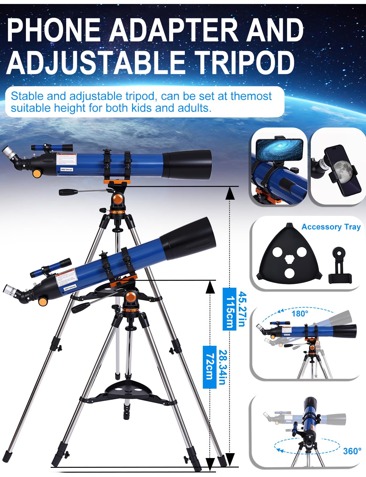 Uonol Telescope for Adults High Powered 90mm Aperture 800mm,Refractor Telescopes for Astronomy Beginners with AZ Mount Tripod,Phone Adapter,Carry Bag (80090blue)
