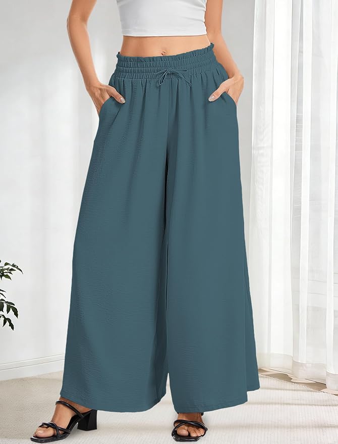 Women’s Wide Leg Pants Drawstring Elastic Waist Casual Trousers Lightweight Loose Lounge Pants with Pockets
