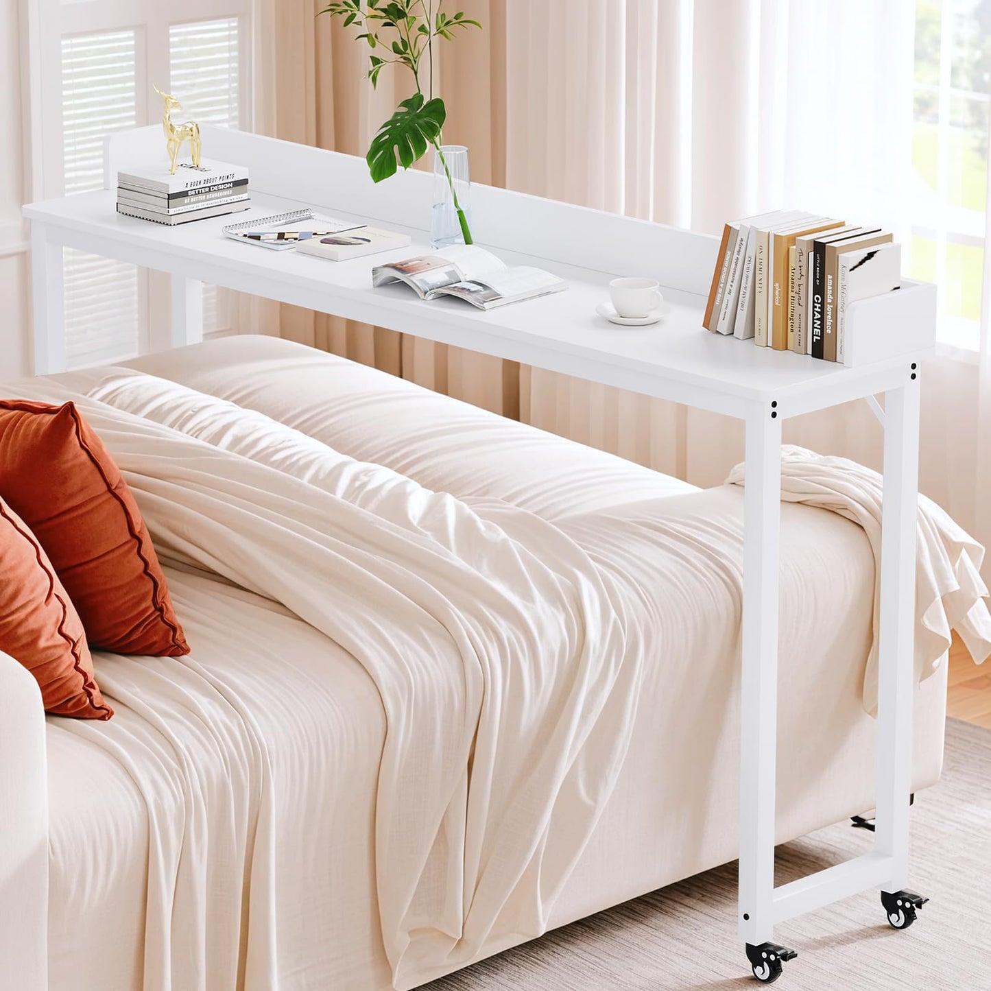 Arlopu Overbed Table with 360° Wheels, Queen Size Mobile Bed Desk with Heavy Duty Metal Leg, Sturdy Laptop Cart & Dining Table for Bedroom, Living Room, Hospital Use (White)