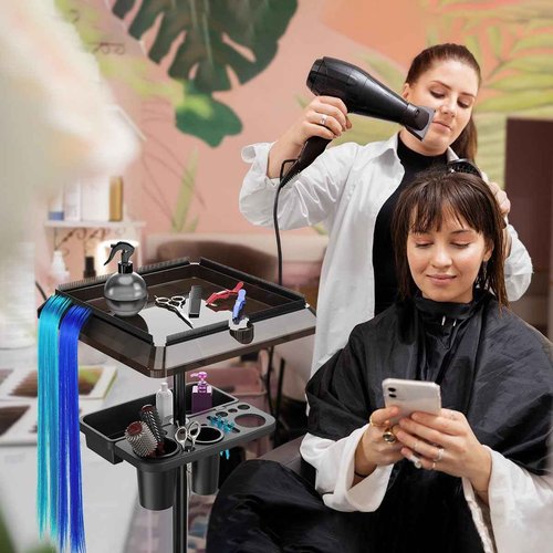 Johgee Salon Tray Cart with Extra Storage Space, Salon Rolling Tray, Adjustable Height Salon Tray on Wheels, Removable Hair Extension Tool Tray for Hairdressers, Color Tray for Salon Home Use