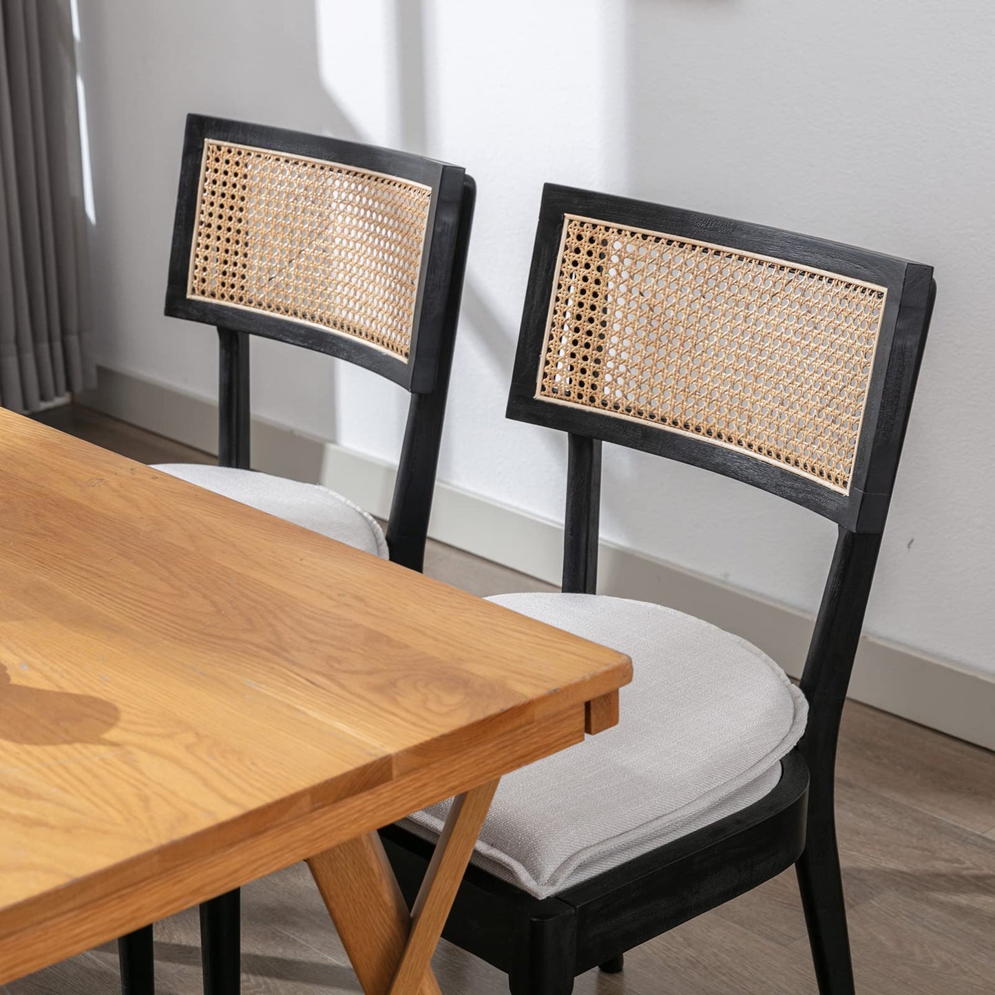 ZH4YOU Black Rattan Dining Chairs Set of 2, Farmhouse Cane Back Kitchen Chairs with Removable Linen Upholstery Side Chairs with Wood Legs for Dining Room/Restaurant