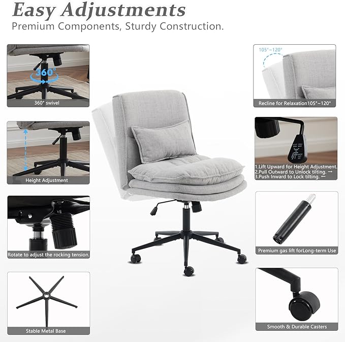 VINGLI Cloud Criss Cross Legged Chair,18" High Back Armless Home Office Desk Chair with Wheels,Wide Adjustable Comfy Padded Seat Task Computer Chair,Modern Swivel Makeup Vanity Chair,Fabric,Grey