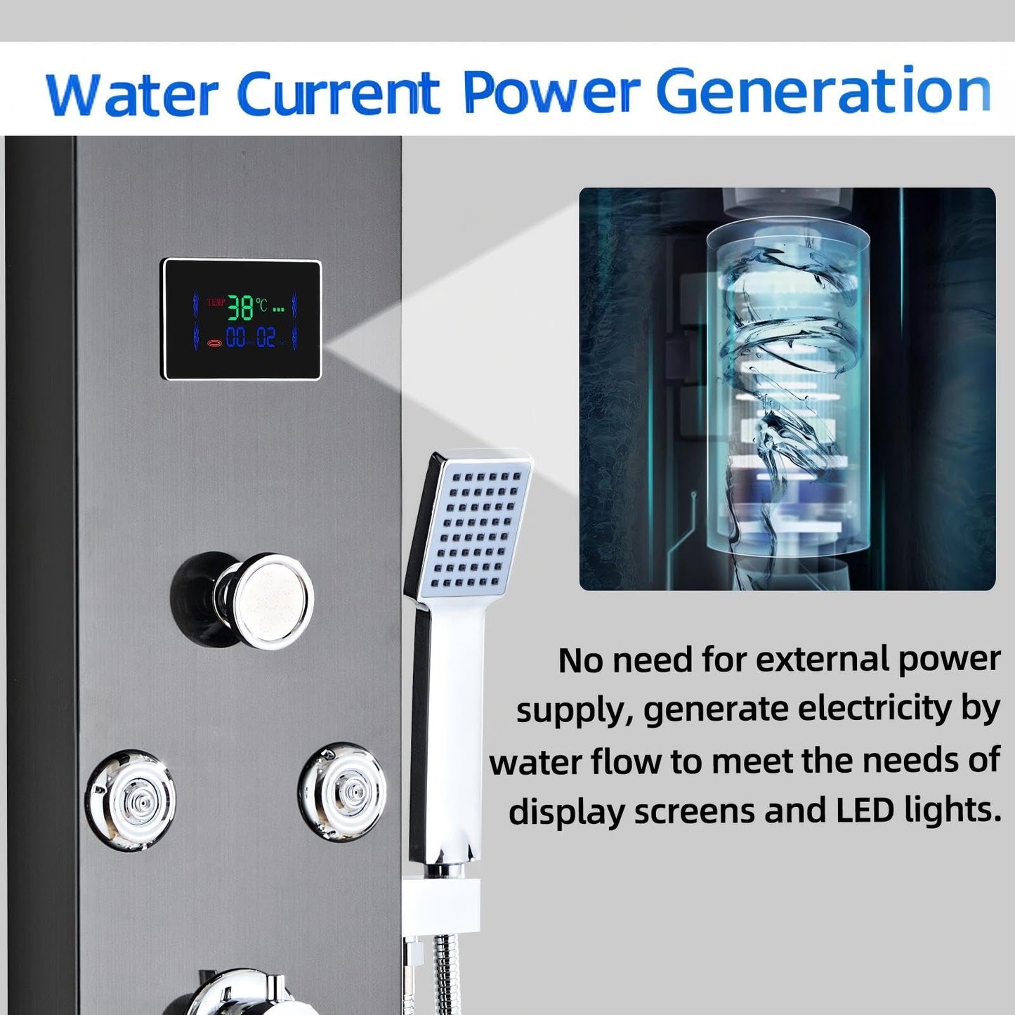 HSYLYPA Shower Panel Tower System Shower Panel Tower with Powerful Body Jets, Rainfall, Waterfall,Handheld and Tub Spout,Stainless Steel LED Shower Column - Brushed Black