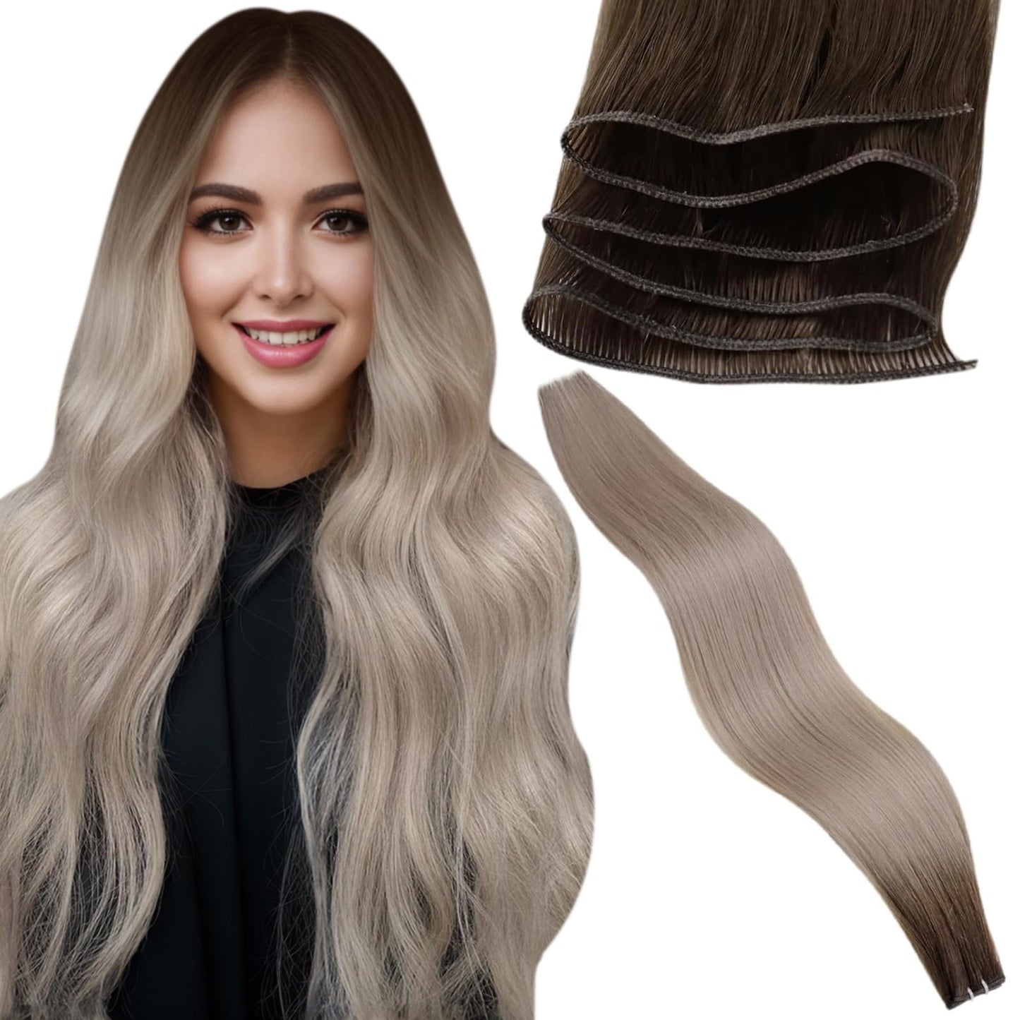LaaVoo Weft Hair Extensions Virgin Human Hair 22 Inch 25G Sew in Hair Extensions Ombre Light Brown to Blonde Hair Extensions Rea