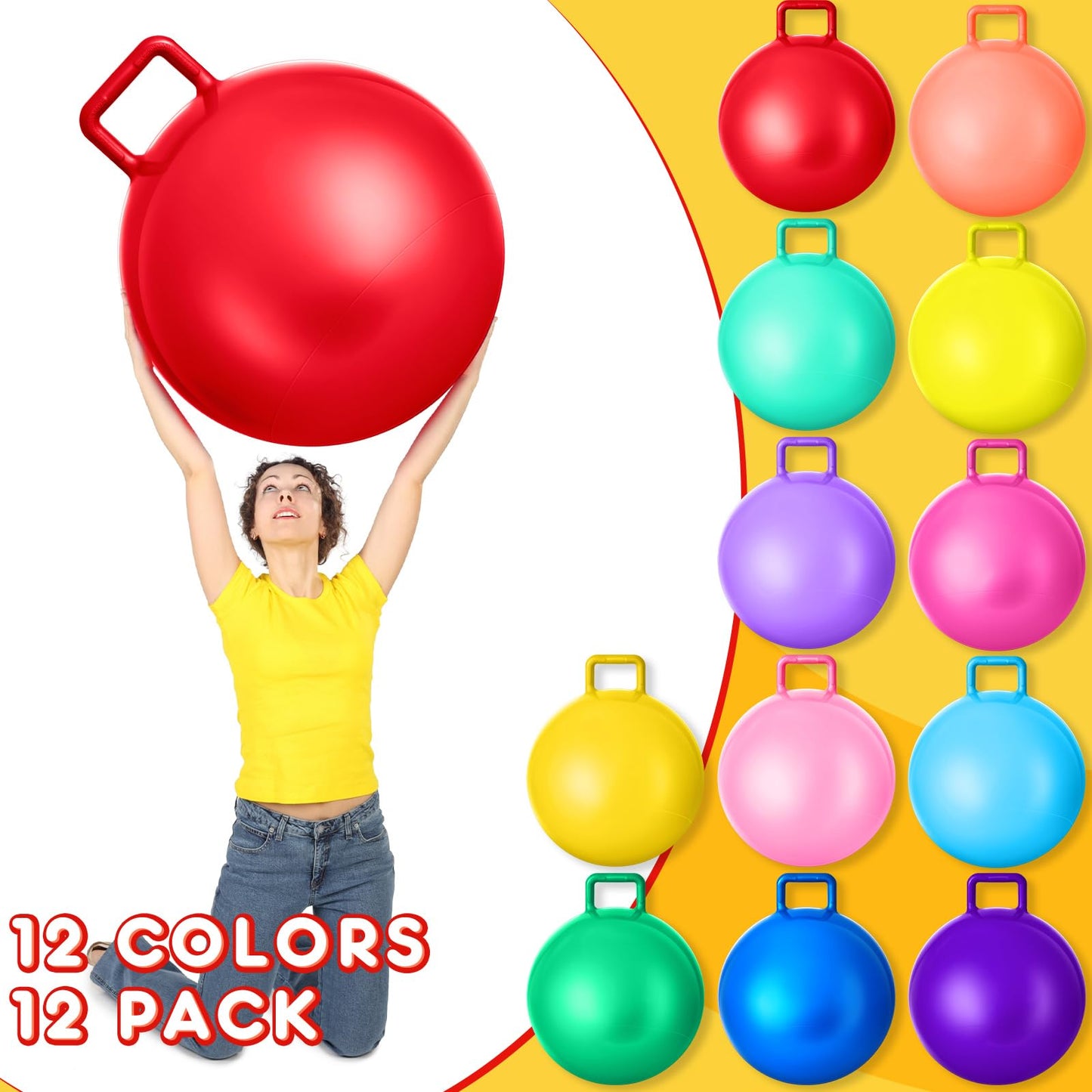 Meooeck 12 Pcs 29 Inch Hopper Ball with Handle and Air Pump Bouncy Jumping Hopper Ball for Field Day Games Outdoor Activities and Team Gaming Play
