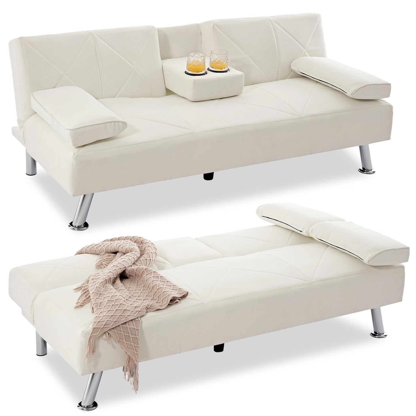VECELO Modern Convertible Folding Futon Sofa Bed with Removable Armrests Breathable Linen Recliner Couch for Living Room/Apartment Lounge, 2 Cup Holders, Beige