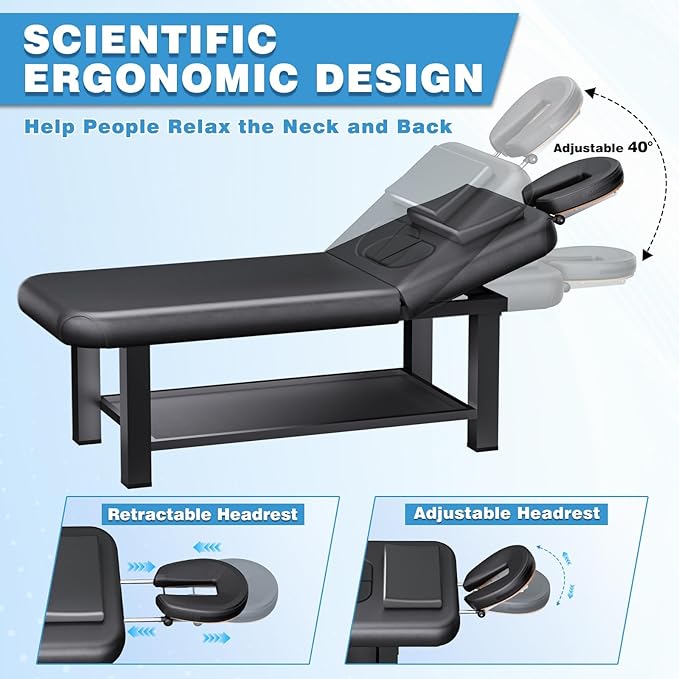 Stationary Massage Table with Hight Adjustable Backrest for Treatment, 4'' Thickened Memory Foam PU Leathe Load 1500 Lbs Professional Premium Metal Spa Bed Table with Storage for Physical Therapy
