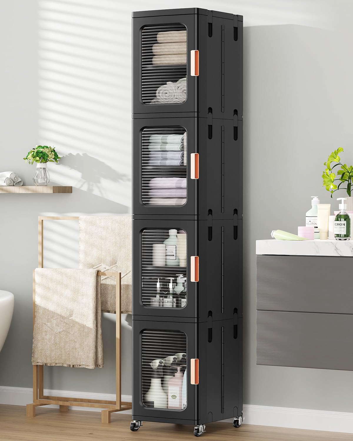 BROVIEW 4-Tier Tall Narrow Storage Cabinet Organizer, Slim Bathroom Cabinets with Doors and Shelves Adjustable, Plastic Kitchen Pantry Organizers and Storages for Small Space, Laundry, Black
