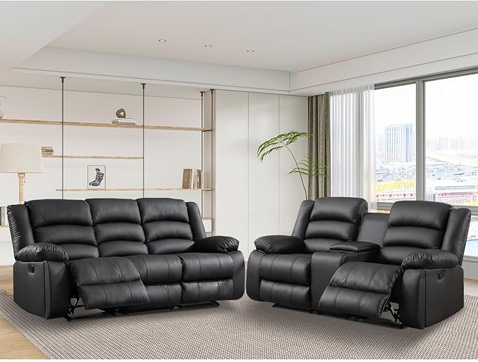 EBELLO Faux Leather Manual Recliner Sofa Set, Loveseat Reclining Sofa and 3 Seat Recliner Sofa, Couch Set for Living Room, Bedroom, Meeting Room, Black (Loveseat+Sofa)