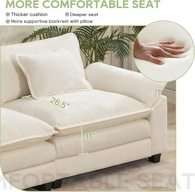 Oprisen 120" Modular Sectional Sofa, Comfy Cloud Couch Sectional Sofa, Chenille Sofa Sleeper Deep Seat Sofa with Throw Pillows for Living Room (Beige White, 120"- 3 Seater)