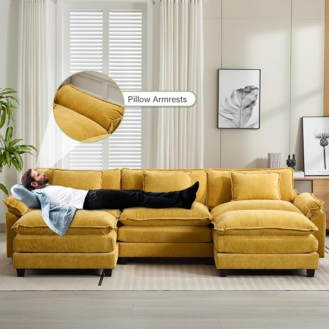 Oprisen 120" Modular Sectional Sofa, Comfy Cloud Couch Sectional Sofa with Ottoman, Chenille Sofa Sleeper Deep Seat Sofa with Throw Pillows for Living Room (Yellow, 120"- U Shape)