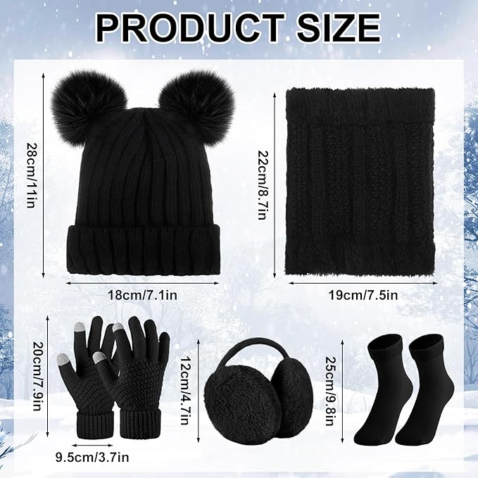 SATINIOR 5 Pcs Winter Hat Scarf Gloves Set Fleece Warm Lined Knit Beanie Hat Touch Screen Earmuff Gloves Warmer for Women(Black,Cute Style)