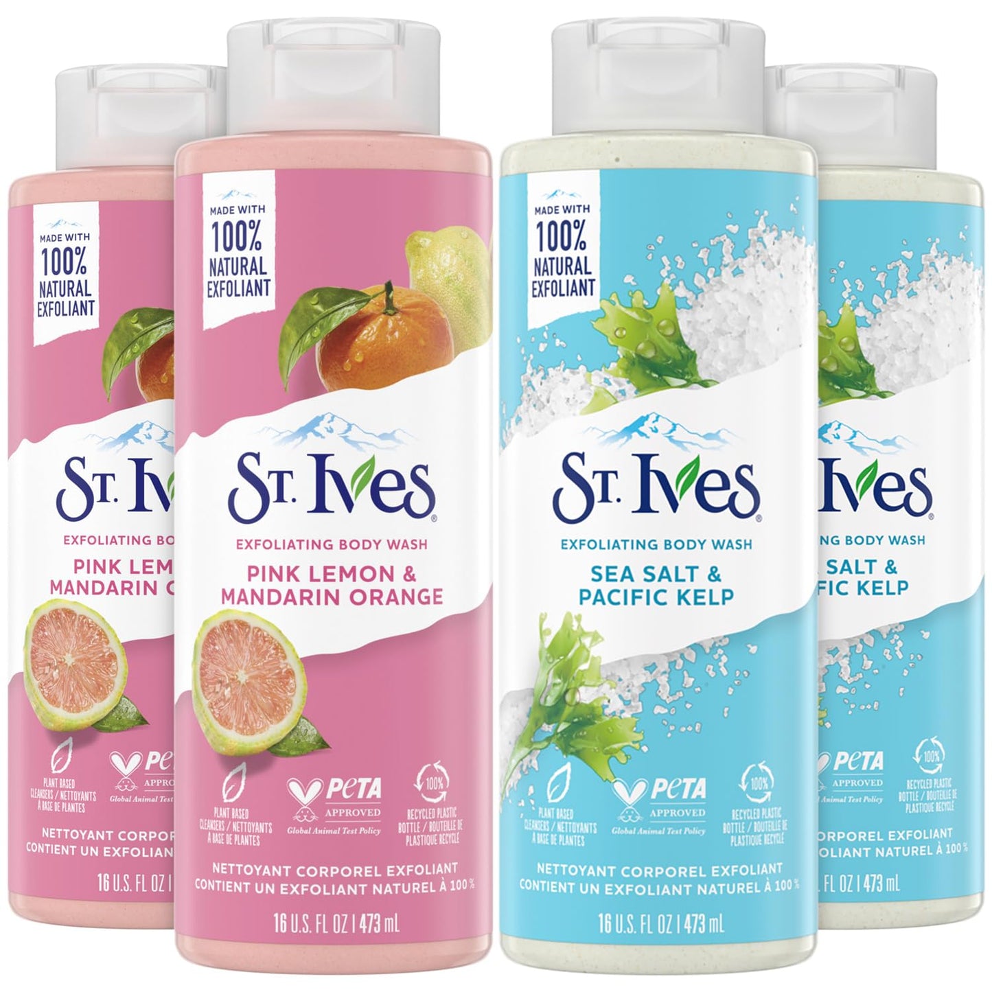 St. Ives Body Wash Variety Pack - Exfoliating Pink Lemon & Mandarin Orange 2-Pack + Sea Salt & Pacific Kelp 2-Pack, 16 Oz Ea (4