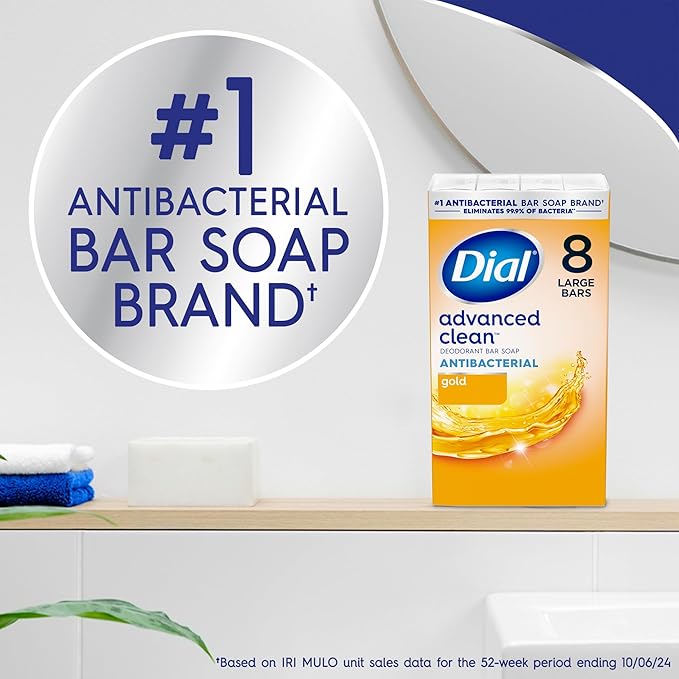 Dial Antibacterial Deodorant Bar Soap, Advanced Clean Gold, 4 Oz, 32 Bars, Round the Clock Odor Protection, Dermatologist Tested, With Clean Rinse Technology