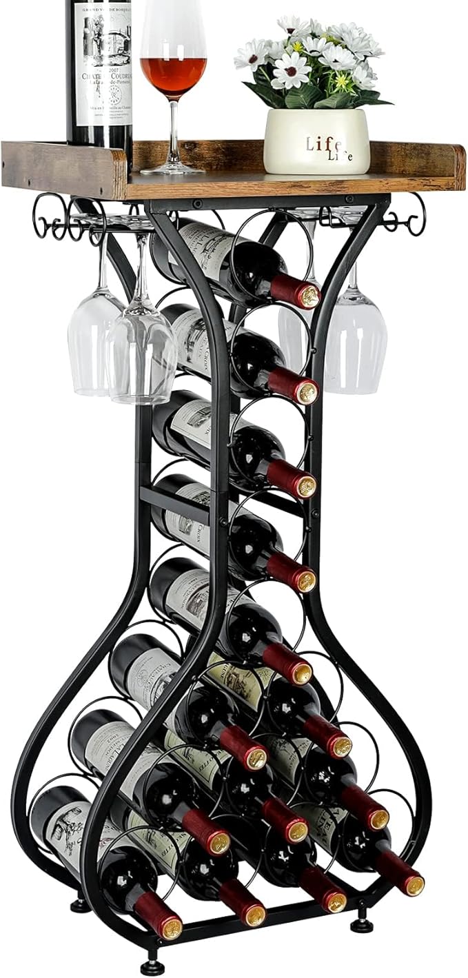 X-cosrack Wine Rack Freestanding Floor, Mini Bar Table Wine Holder Stand Liquor Cabinet with Glass Holder Wood Tabletop 14...