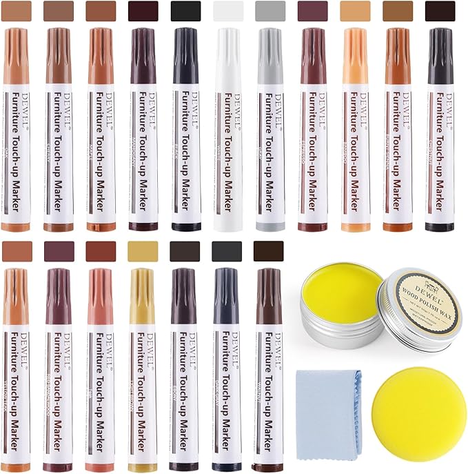 DEWEL Furniture Markers Touch Up, 18 Colors Wood Markers Furniture Repair Kit with Polish Wax, Wood Pens for Furniture Scratch Repair