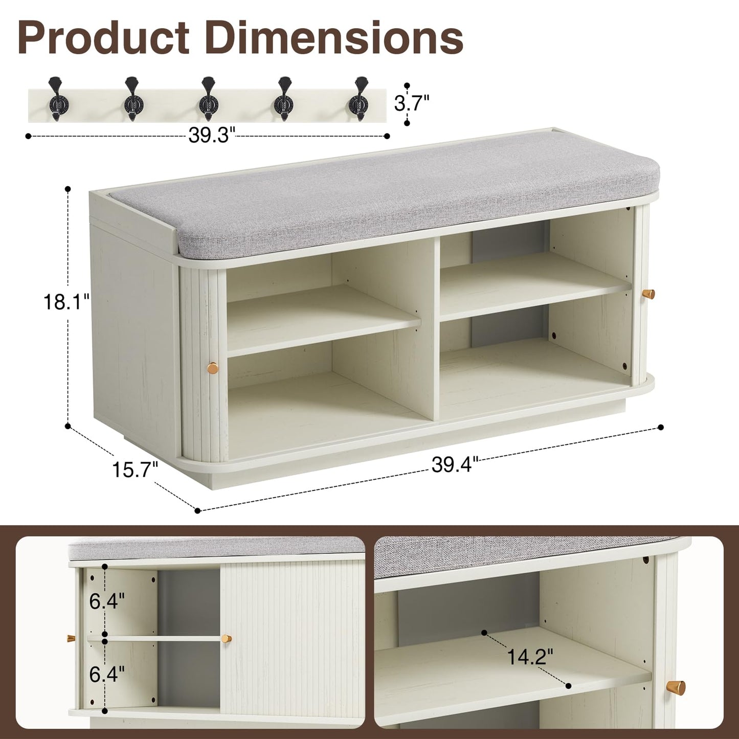 AKMAKM Cream White 39.4" W 2-Tier Shoe Bench | Entryway Bench with Padded Cushion, Sliding Doors & 5 Hooks for Hallway, Mudroom
