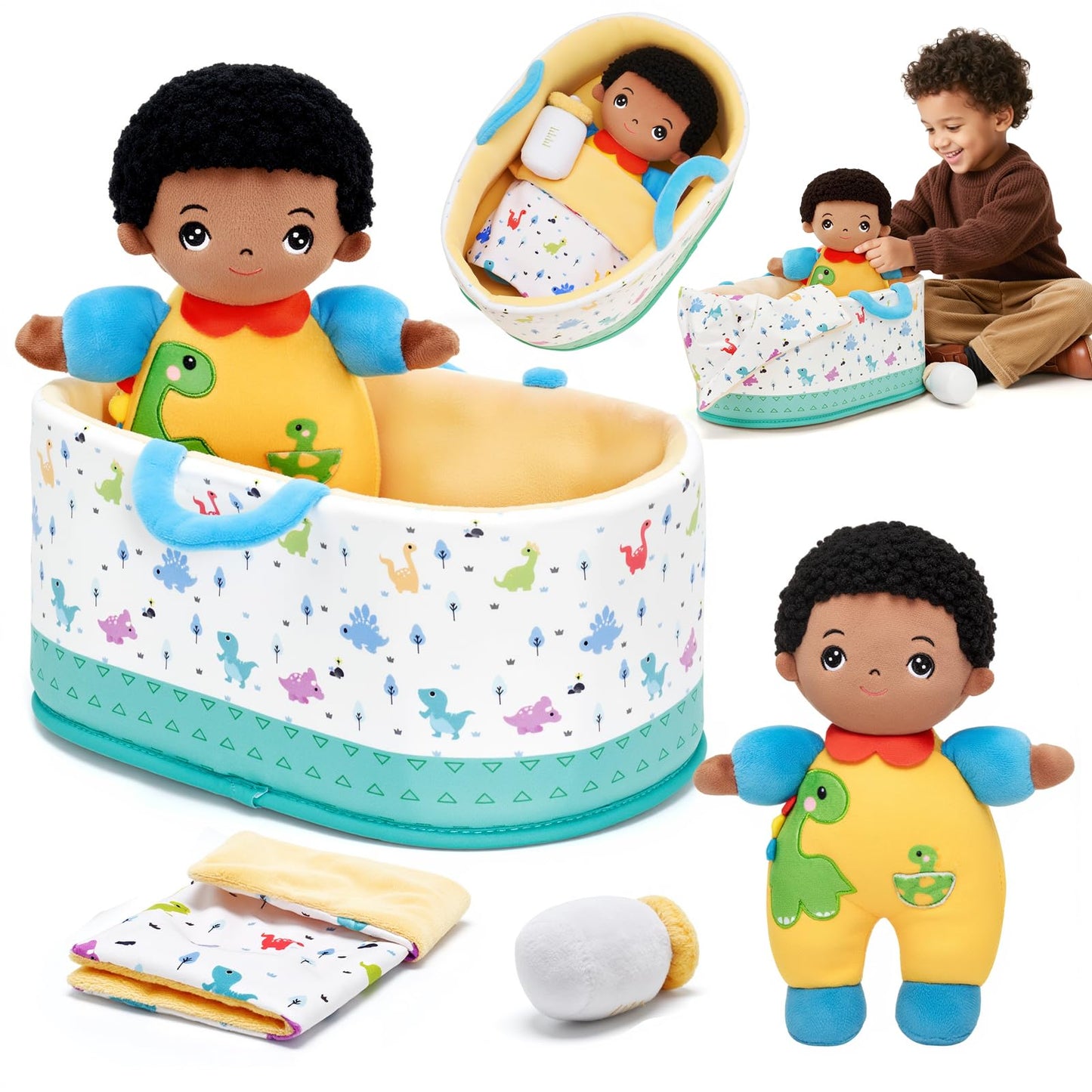 OUOZZZ 10" Soft Black Baby Boy Doll Set, Baby Doll Accessories Pretend Playset Emotional Social for 2 Year Olds Boy Christmas Birthday Gift Dinosaur
