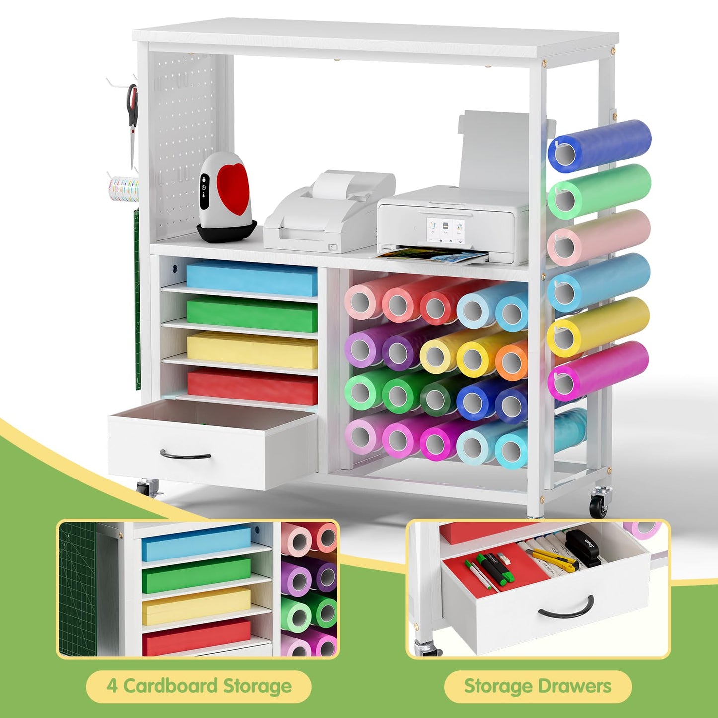 MASHELLY Craft Storage Cart, Compatible with Cricut Cutting Machines, Features a Vinyl Roll Holder and Drawers,A Mobile Storage Table for Crafting Tools and Accessories, Suitable for Studios, Offices