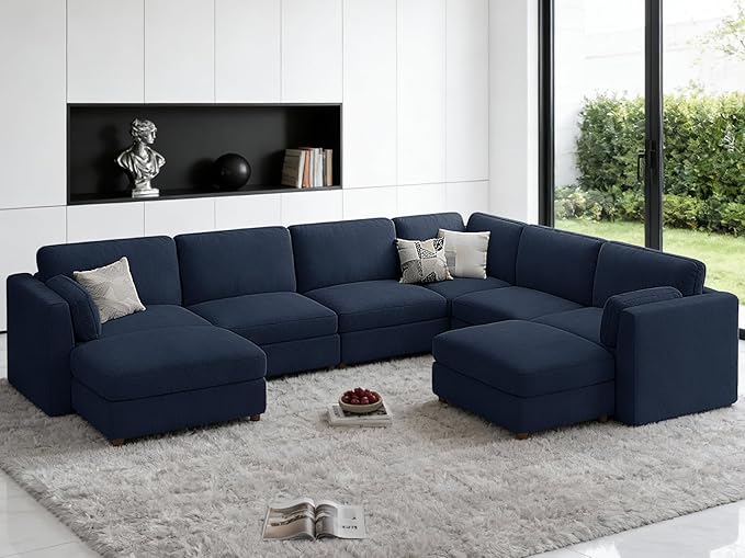 CUGOAO 159'' Modular Sectional Sofa, 8-Seater Oversized U-Shaped Sectional Couch with Ottoman, Deep Seat Chenille Cloud Couch, Mordern Upholstered Couches for Living Room, Apartment, Office, Blue