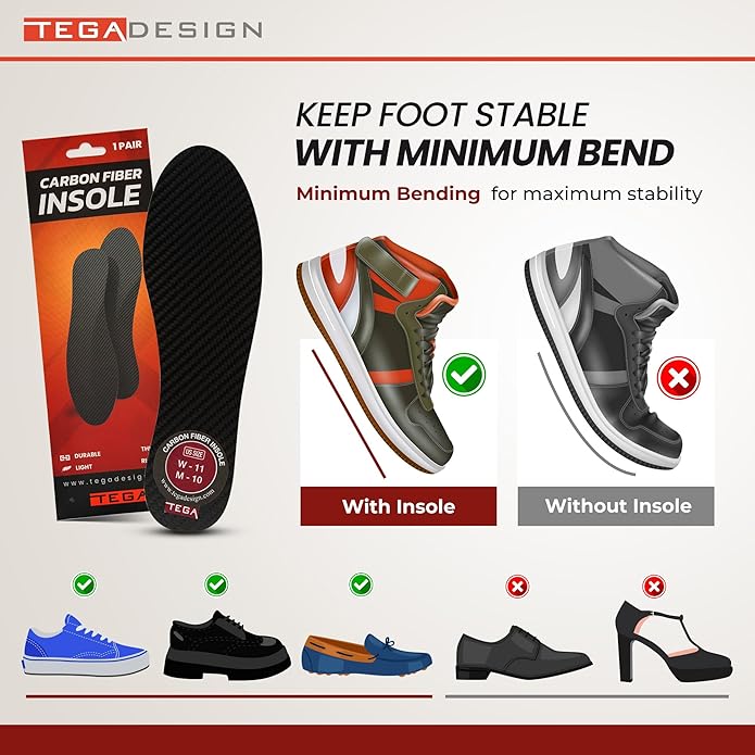 TEGA Carbon Fiber Insole (1 Pair) - for Turf Toe, Foot Fractures, Hallux Rigidus and Limitus - Rigid Shoe Insert for Sports, Hiking, Trekking, Basketball, Running - Alternative to Post Op Shoe