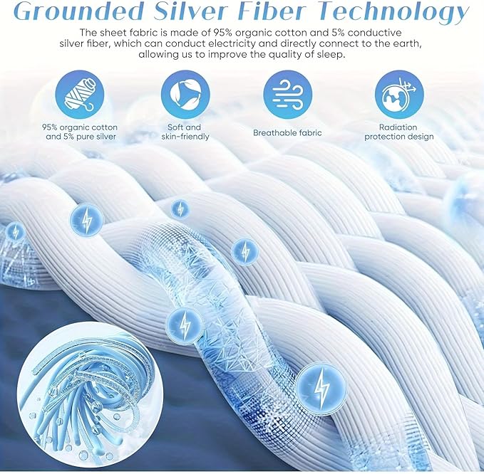 Grounding Sheets, 95% Organic Cotton + 5% Silver Fiber, Earth Connected Fitted Sheet with Grounding Cord (Beige, King)