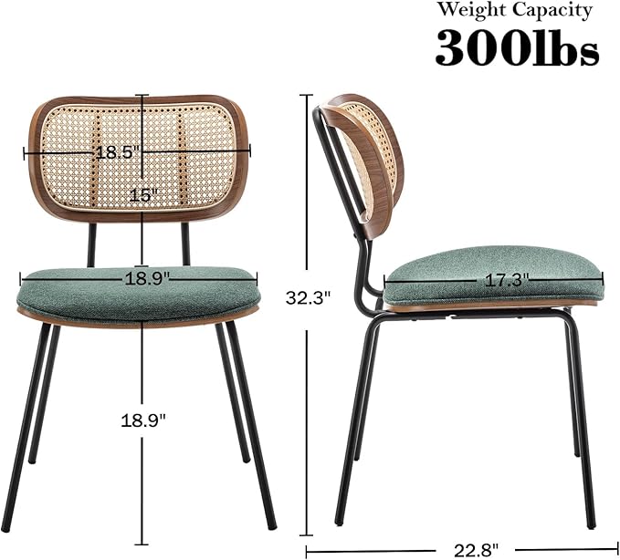 HOCEWI Rattan Dining Chairs Set of 2, Mid Century Modern Dining Chairs with Cane Back for Kitchen Dining Room, 19 Inch Fabric Green