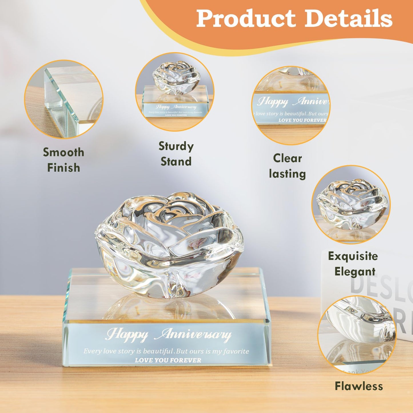 PEEYHONY Gift for Women, Eternal Crystal Rose Flower Figurine Ornament Wedding Anniversary Love Gift for Love One, Happy Anniversary Day Gifts Ideas for Wife Girlfriend Couple Her
