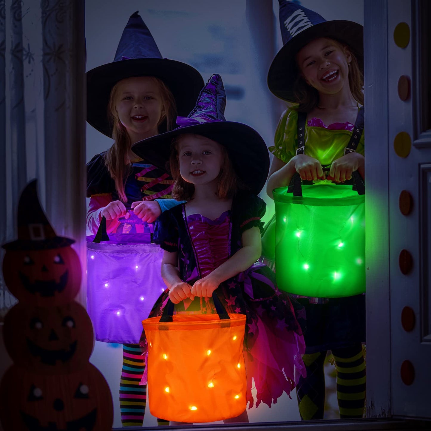 Shappy 4 Pieces LED Light Up Halloween Bucket Candy Bags Light Up Trick or Treat Bags Reusable Goody Bucket for Halloween Party Favor Supplies(Green, Purple, Black, Orange,Classic Style)