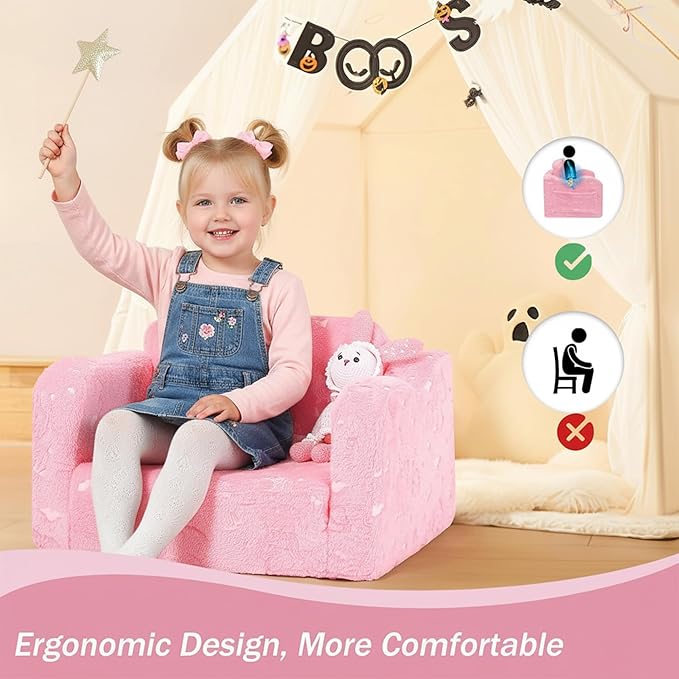 MeMoreCool Glow‑in‑The‑Dark Unicorn Toddler Chair – Soft Plush Fold‑Out Recliner | Kids Lounge Chair for Boys & Girls Aged 1‑3, Convertible 2‑in‑1 Seating & Napping Spot, Easy‑Fold Safe Construction