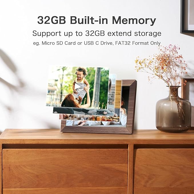 Digital Picture Frame, Frameo WiFi 10.1 Inch 1280 * 800IPS Touch Screen Digital Photo Frame, 32GB Memory, Auto-Rotate, Share Videos Pictures, Birthday Gift for Friend, Family, Wood Color Plastic Frame