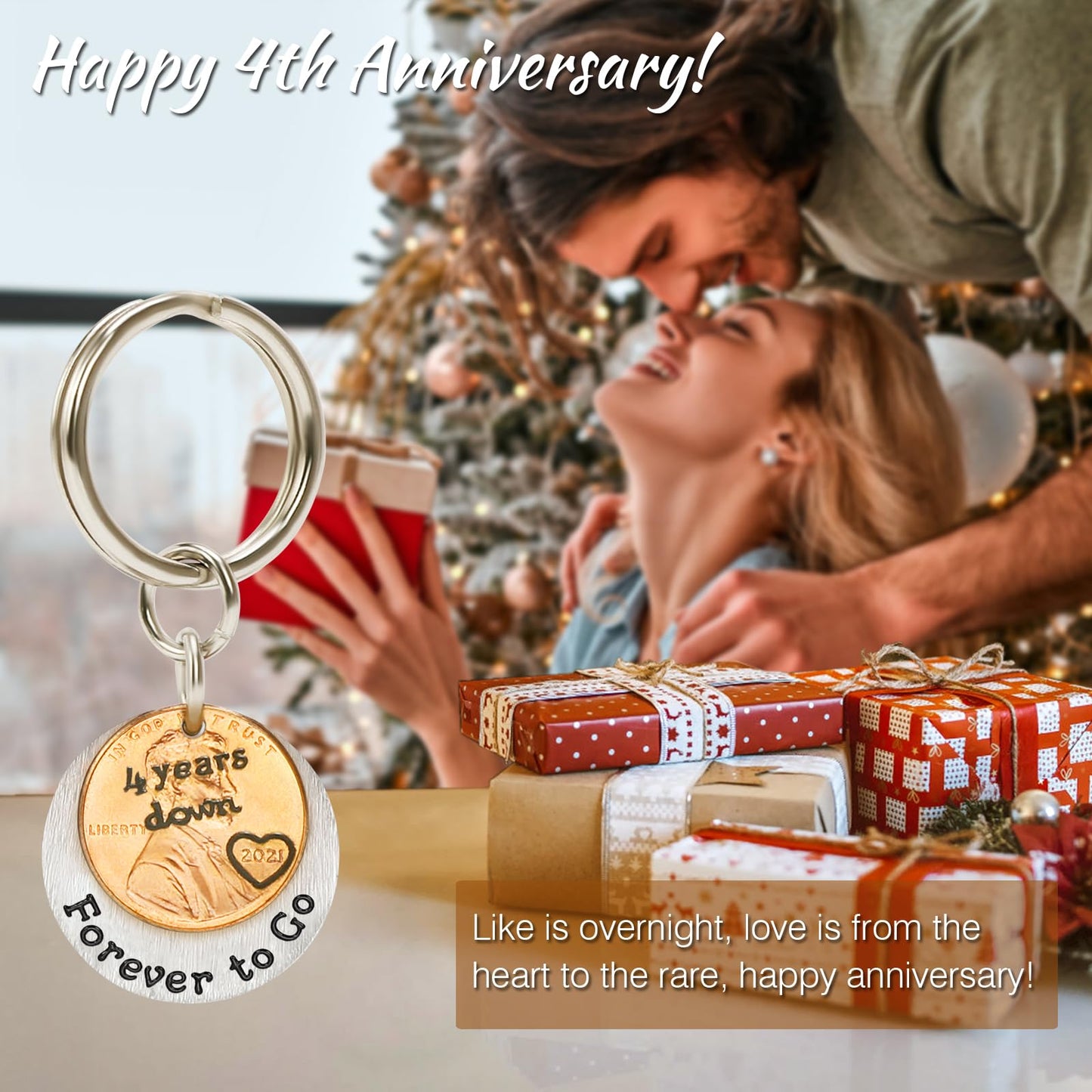 HRMYUDI 4 Years Anniversary Copper Gift for Man Woman, Coin Keychain with a 2021 Penny, 4 Years Down and Forever To Go, Fourth Silk Wedding Anniversary Copper Gift for Him Her