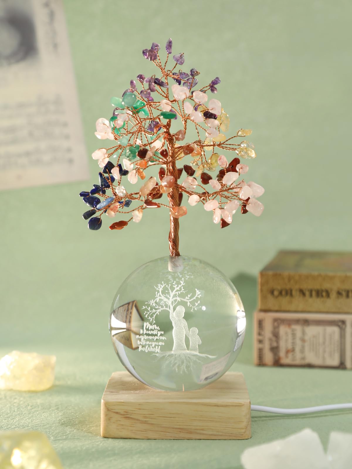 FOLKOR LIFE Chakra Tree Gift for Mom Women Birthday Mother’s Day, 3D Mom Kid Figurines Night Light Crystal Ball for Meditation Relaxation, Spiritual Tree Feng Shui Decor for Home Office Shelf Desk