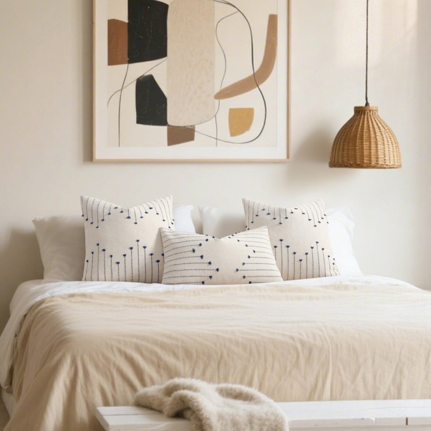 Boho Throw Pillow Covers 18x18 Set of 2 Neutral Woven Decorative Pillowcases Cotton Tufted Couch Pillows Modern Farmhouse Accent Cushion Covers for Sofa Couch Bed Living Room Home Decor, Navy Blue