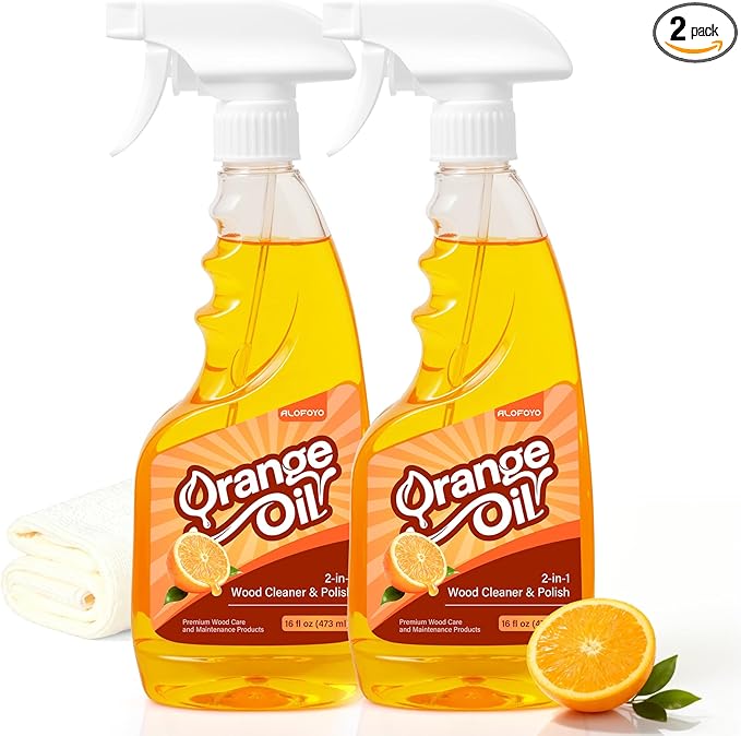2-in-1 Wood Cleaner Furniture Polish - 2Pack Natural Orange Oil Spray Protect Wood Surface Safely, Enhanced Furniture Restorer Finish Cabinets, Tables, Antique, Floor, 32oz Total