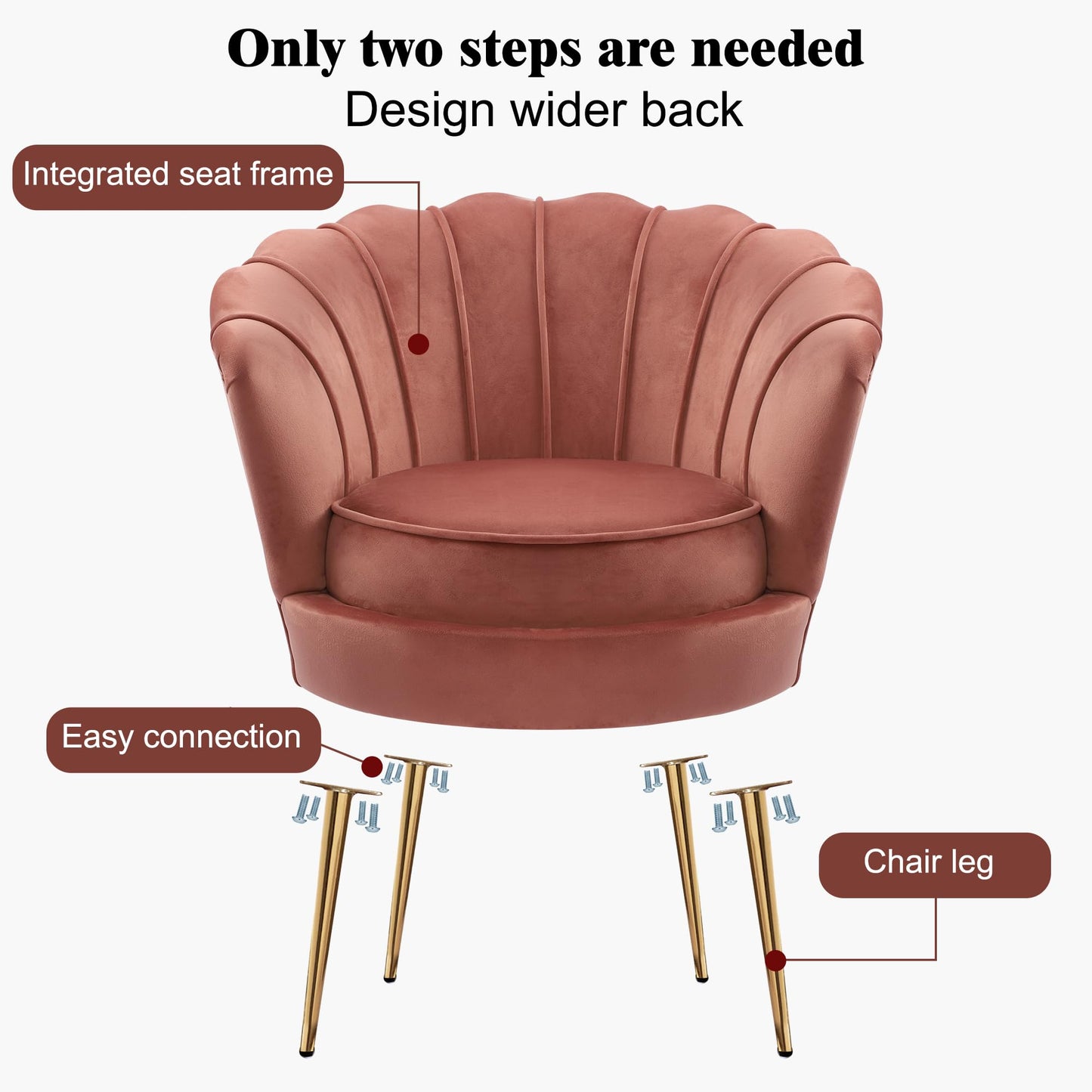 DAGONHIL Mid Century Modern Upholstered Accent Chair,Petal Vanity Chair,Retro Leisure Velvet Single Sofa with Golden Metal Legs for Living Room/Bedroom/Makeup Room, Rose Pink