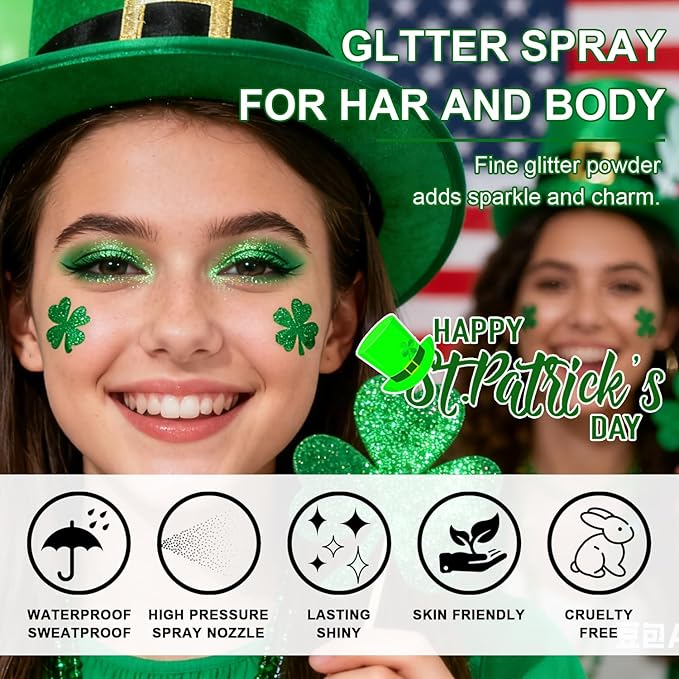 Hair and Body Glitter Spray, 1PC St Patricks Day Accessories Hair Glitter Extra Fine Face Shimmer Powder for Clothes, Festival Loose Sparkle Powder for Rave Nail Art Easter Crafts (Green)