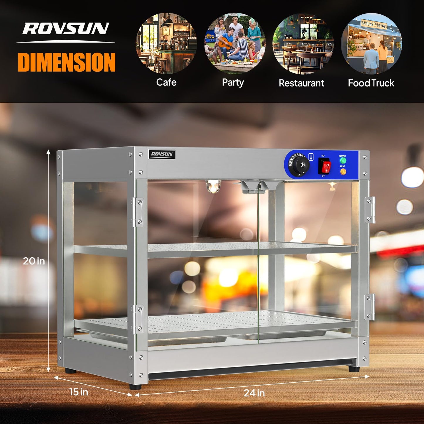 ROVSUN 2-Tier Food Warmer Pizza Warmer, Commercial Food Warmer Display with LED Lighting Removable Shelves Glass Door, Electric Countertop Food Warmer for Buffet Restaurant 110V 800W