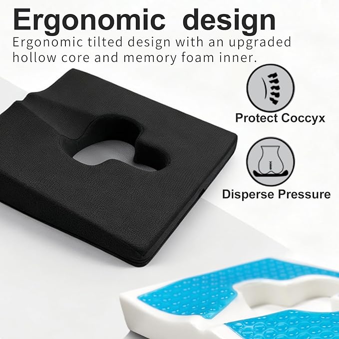 Rivquvi Gel Wheelchair Seat Cushion,Bed Sore Cushions for Butt,Office Chair Pressure Sore cushion,Memory Foam Pillow for bed,Pressure Ulcer Pain Relief,Relieve Sciatica,Coccyx,Washable Cover/Set Black