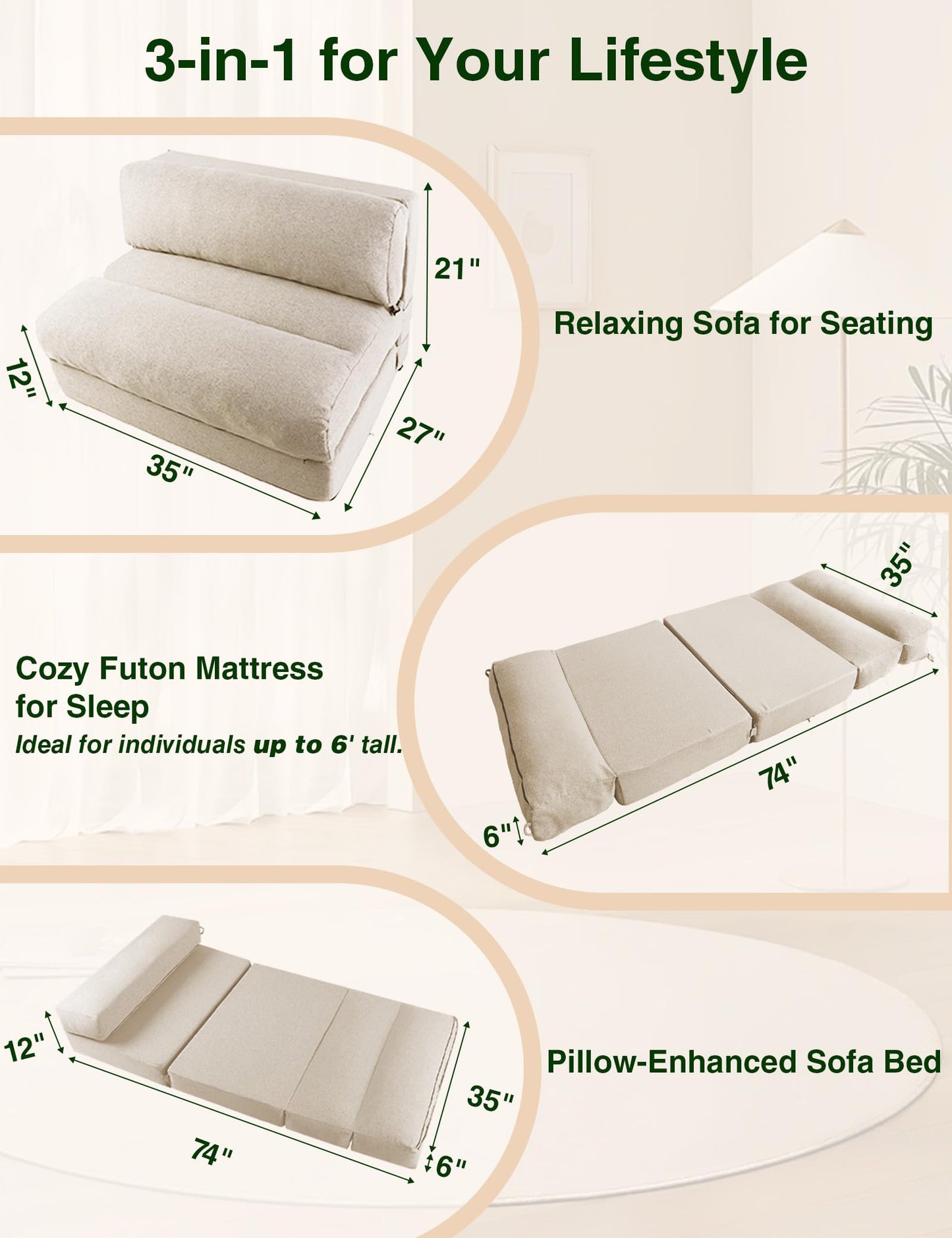 ZonLi Folding Sofa Bed,Convertible Futon Sofa Bed Mattress Sleeper Chair Single Size,Memory Foam Futon Sofa Couch with Washable Cover,for Living Room,Dorm (Beige, Single)