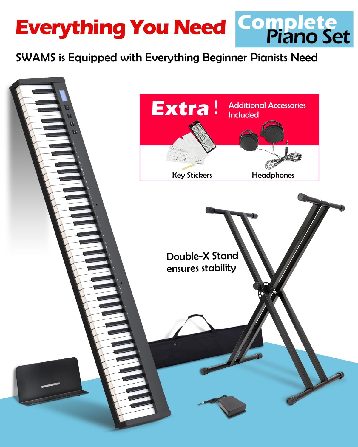 NikoMaku Semi-weighted 88 Keys Piano Keyboard Compact Portable Digital Piano Set for Beginners with Stand, Carrying Case, Sustain Pedal, Headphones, SWAN-S Black