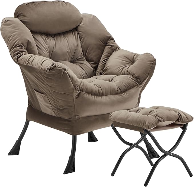 Youtanic Lazy Chair with Folding Ottoman, Accent Chair Velvet Upholstered with Metal Structure and Non-Slip Pads, Sofa Armchair with Footrest and Side Storage Bag for Dorm, Room, Office, Dark Gray