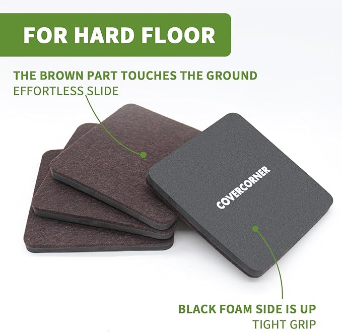 COVERCORNER Felt Furniture Sliders for Hardwood Floors 8 PCS - 5 inch Square Furniture Moving Slider – Heavy Duty Felt Movers Sliders Chair Legs Floors Protectors (for Hardwood Floors)-Brown