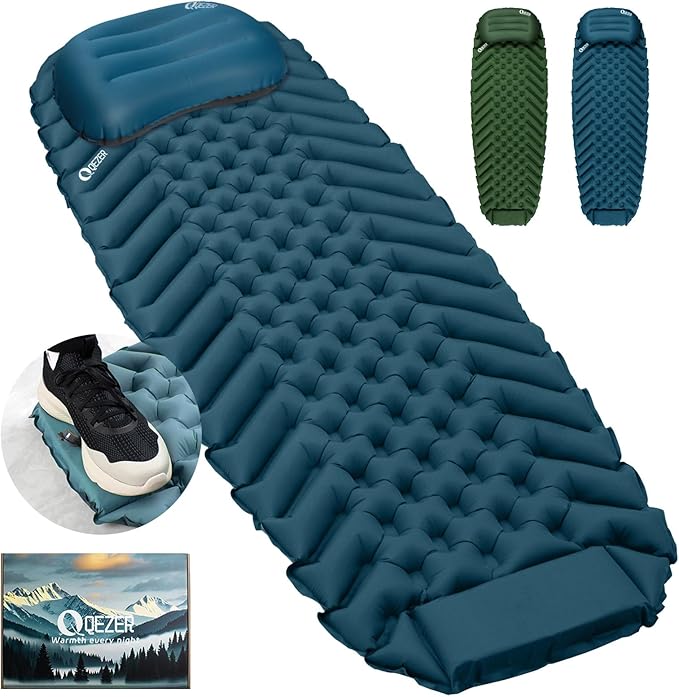 QEZER Ultralight Backpacking Sleeping Pad for Camping, with Inflatable Neck Camping Pillow, Lightweight Inflatable Sleepin...