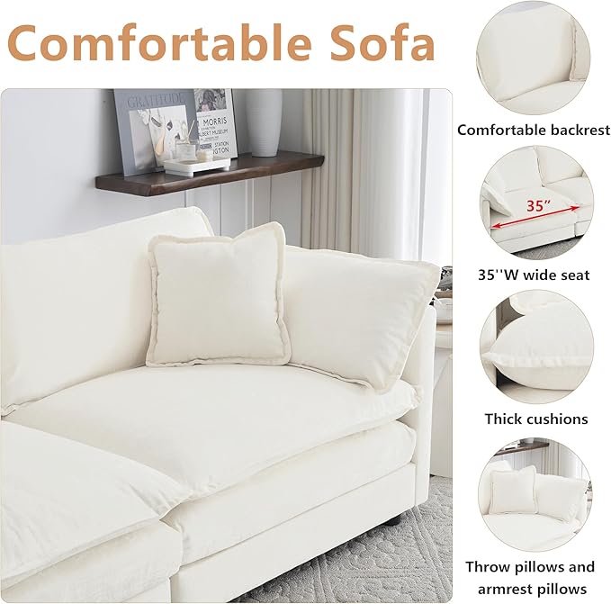 mikibama Luxury Modular Sectional Sofa, 111.5" Modern Chenille Comfy Cloud Couches for Living Room Office, 3 Seater Deep Sofa with 2 Armrest Pillows and 3 Toss Pillows, Beige